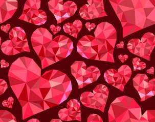 Beautiful Valentine's day vector seamless pattern with red polygonal hearts made of different multicolored shapes