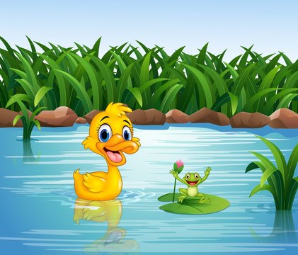 Cartoon funny duck with frog