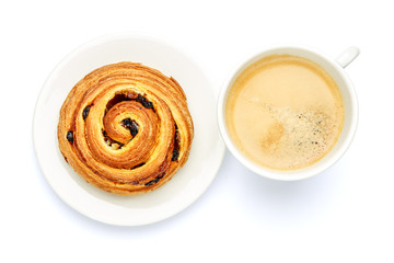 fresh cinnabon and coffee on white background