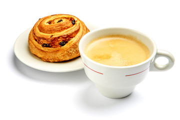 fresh cinnabon and coffee on white background