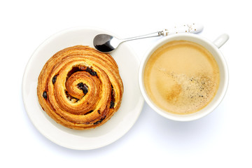 fresh cinnabon and coffee on white background