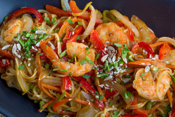 Close up of shrimp spaghetti with vegetables
