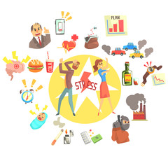 Stressed Man And Woman Surrounded With Different Stress Factors External And Lifestyle Related