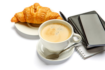 business lunch - fresh croissant and coffee