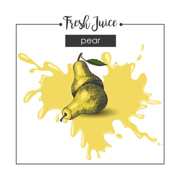 Hand - drawn pear and splash of fresh juice. Sketch, engraving, hatching. Vector illustration. 