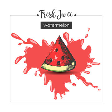 Hand - drawn watermelon and splash of fresh juice. Sketch, engraving, hatching. Vector illustration. 