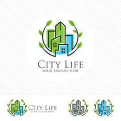Abstract green city building logo design concept. Symbol icon of residential, apartment and city landscape.