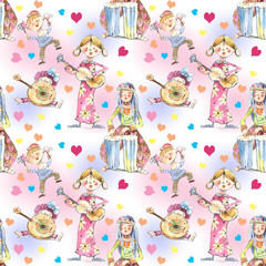musicians, illustration, watercolor, seamless pattern