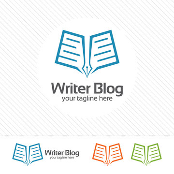 Pen and book logo design concept . Book vector icon for writer or blogger .