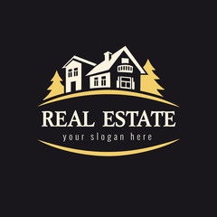Real estate golden forest logo. Luxury sign for real estate agency, building, lease house, insurance, invest or landscape design business. Country house vector vintage symbol - obrazy, fototapety, plakaty