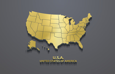 Golden USA Map, Shiny Golden Metallic USA Map, United States of America Map Vector Illustration