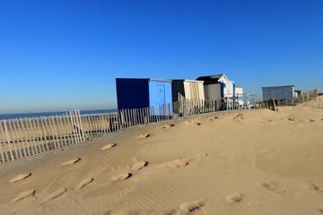 CABINS ON THE BEACH OF CALAIS IN WINTER , PAS DE CALAIS, FRANCE
