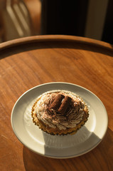 Cupcake white cream and chocolate roll with  chocolate powder in