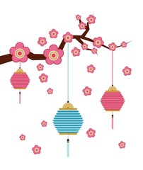 branch with flowers and chinese lanterns decorations hanging over white background. colorful design. vector illustration