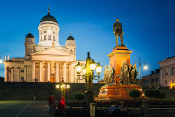 Helsinki, Finland. Senate Square With Lutheran Cathedral And Monument