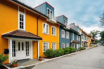 Bergen Norway. Colorful Facades Of Houses On Deserted Street At Residential Area