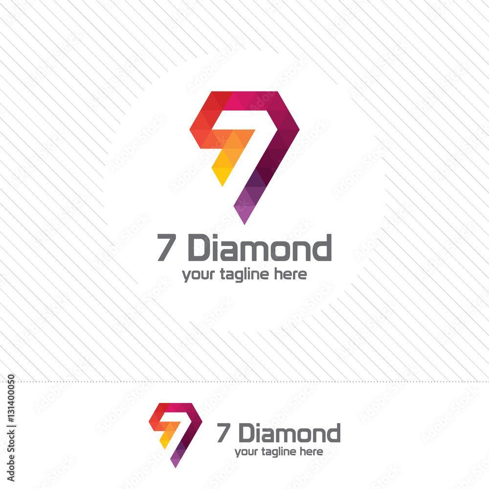 Poster number seven and diamond logo design vector with colorful triangle pixel.