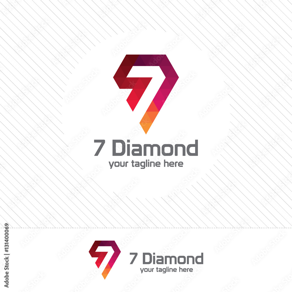 Poster number seven and diamond logo design vector with colorful triangle pixel.