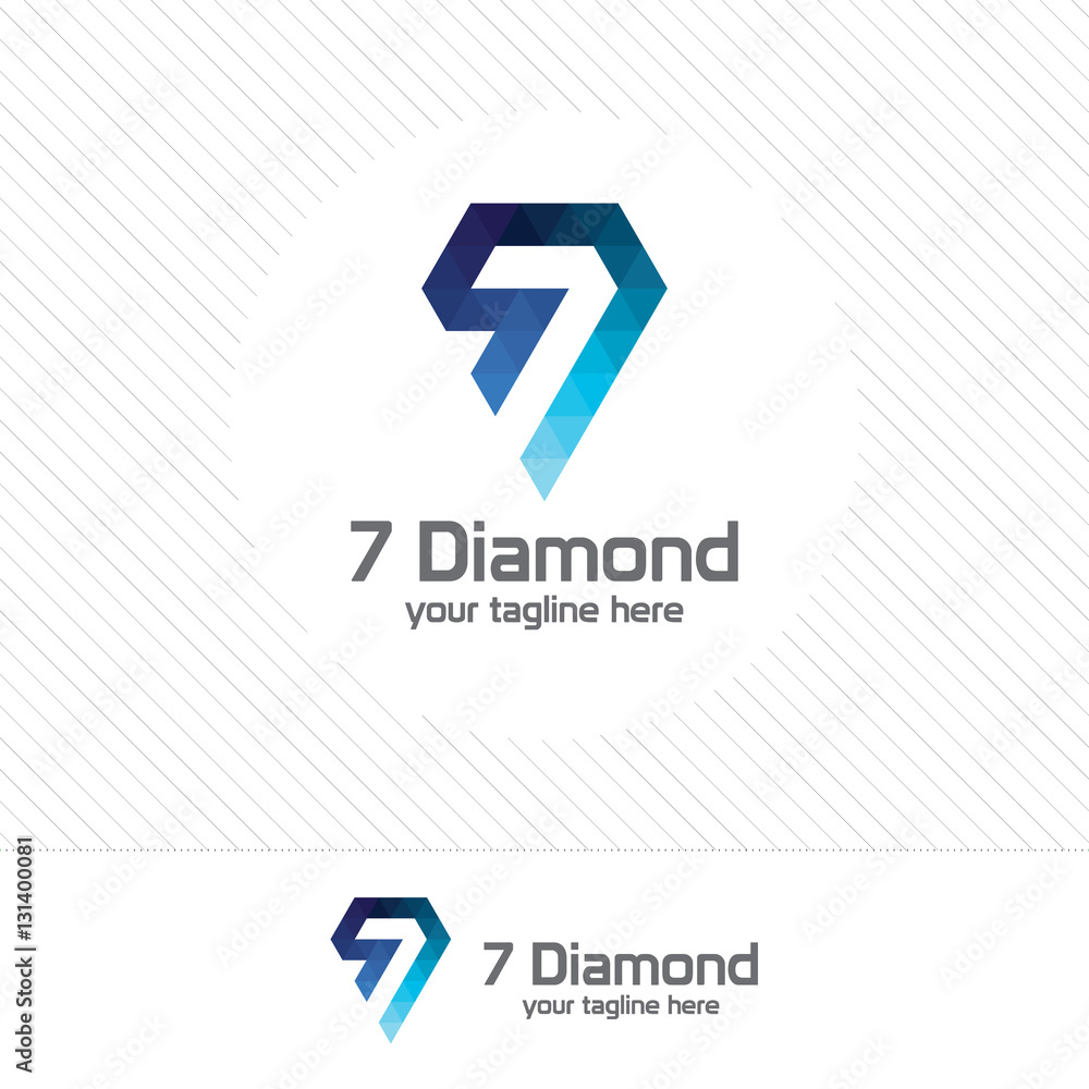 Poster number seven and diamond logo design vector with colorful triangle pixel.