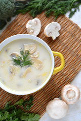 Delicious soup with cheese and mushrooms in a yellow plate