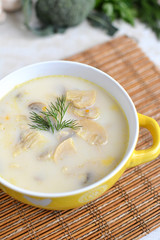 Delicious soup with cheese and mushrooms in a yellow plate