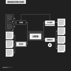 Organization chart template with geometric elements on black background. Useful for science and business presentations.