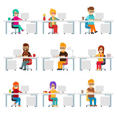 Hardworking creative people work in the office with computers vector flat design. Funny office workers are in workplaces. Men and women are in colorful clothes at work isolated on white background
