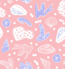 Seamless pattern with sea treasures - corals, cockleshells, stones, seaweed. Vector illustration  hand drawn style.