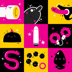 Set of cute illustrations of different sex toys: dildos, handcuffs, plugs. Can be used as seamless pattern or sex shop icons.