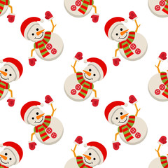 Snow Man in santa claus cap. Merry christmas concept with snowman in scarf gloves and hat. Xmas seamless pattern, tiling ornament. Vector illustration.
