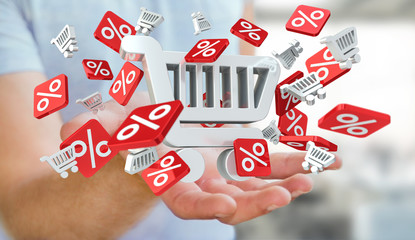 Businessman holding sales icons in his hand 3D rendering