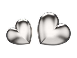 3D illustration two golden silver hearts on a white background