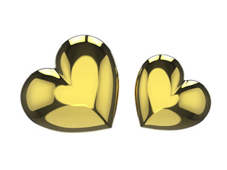 3D illustration two golden hearts on a white background