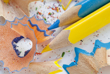 Sharpened colourful pencils and wood shavings