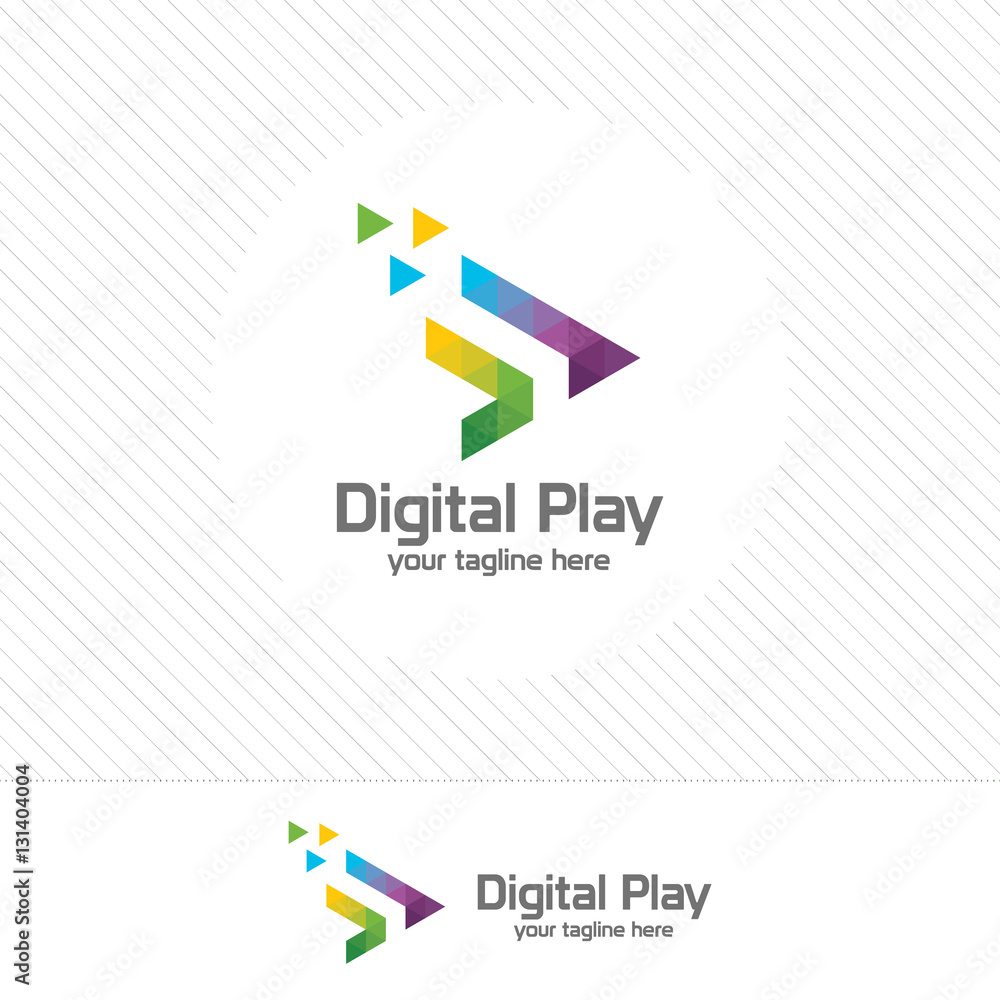 Poster colorful media play logo design vector with triangle pixel.