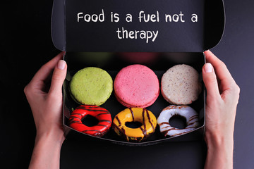 Inspiration motivation quotelet Food is fuel not therapy. Diet, Sport, Fitness, Mindfulness, Healthy lifestyle concept.