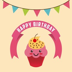 happy birthday card with cartoon cupcake icon and party pennants decorations. colorful design. vector illustration