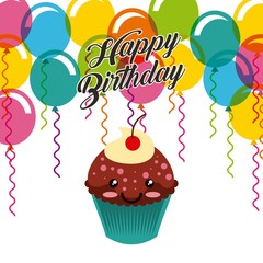 happy birthday card with cartoon cupcake icon and balloons decorations. colorful design. vector illustration