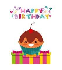 happy birthday card with cartoon cupcake icon. colorful design. vector illustration