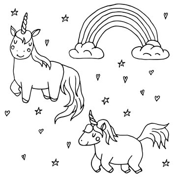 Cute vector unicorn set - hand drawn kawaii style illustration with imaginary horse from children fairytale. Ink sketch with hearts, stars and rainbow in outlines
