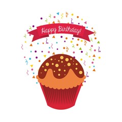 happy birthday card with cartoon cupcake icon and ribbon decoration. colorful design. vector illustration
