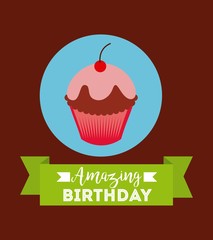 happy birthday card with cartoon cupcake icon and ribbon decoration. colorful design. vector illustration