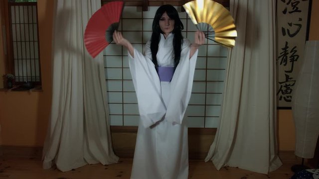 4k Anime Shot of a Japanese Woman Geisha Posing with Fans, long shot