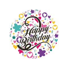 Fototapeta na wymiar happy birthday card with flowers and hearts icons over white background. colorful design. vector illustration
