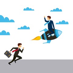 business man running and other business man on a rocket vehicle. colorful design. competitive business concept. vector illustration