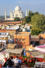 View of Taj Mahal from the rooftop restaurant in Taj Ganj neighb