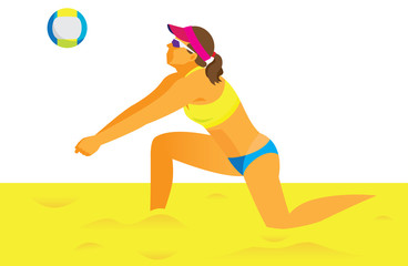 young beautiful woman beach volleyball player receives the ball