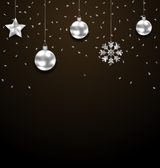 Christmas Dark Background with Silver Baubles, Greeting Luxury Banner