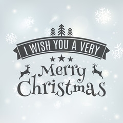 Merry Christmas text label on a winter background with snow and snowflakes. Greeting card template. Vector illustration design