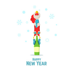 Happy New Year. Red cock symbol 2017 opens a bottle of champagne. Cartoon rooster. Flat Vector illustration